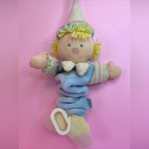 Vintage Eden Plush Pull Toy Clown Pastel Crib Toy Yarn Hair Cloth Face Bow Tie